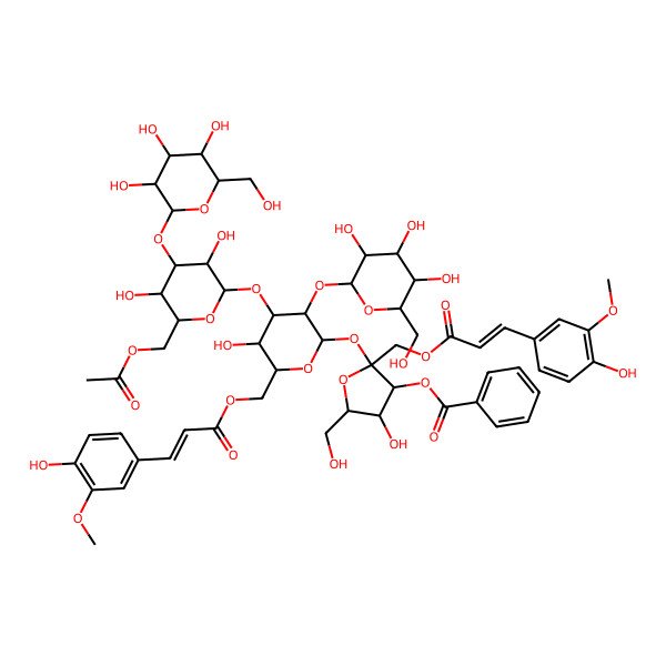 2D Structure of [2-[4-[6-(Acetyloxymethyl)-3,5-dihydroxy-4-[3,4,5-trihydroxy-6-(hydroxymethyl)oxan-2-yl]oxyoxan-2-yl]oxy-5-hydroxy-6-[3-(4-hydroxy-3-methoxyphenyl)prop-2-enoyloxymethyl]-3-[3,4,5-trihydroxy-6-(hydroxymethyl)oxan-2-yl]oxyoxan-2-yl]oxy-4-hydroxy-2-[3-(4-hydroxy-3-methoxyphenyl)prop-2-enoyloxymethyl]-5-(hydroxymethyl)oxolan-3-yl] benzoate