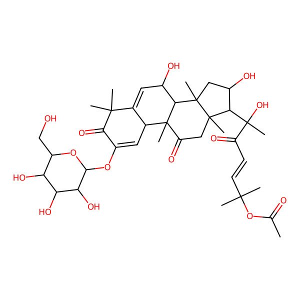 2D Structure of [(E,6S)-6-[(7R,8S,9S,10R,13R,14S,16R,17R)-7,16-dihydroxy-4,4,9,13,14-pentamethyl-3,11-dioxo-2-[(2S,3R,4S,5S,6R)-3,4,5-trihydroxy-6-(hydroxymethyl)oxan-2-yl]oxy-8,10,12,15,16,17-hexahydro-7H-cyclopenta[a]phenanthren-17-yl]-6-hydroxy-2-methyl-5-oxohept-3-en-2-yl] acetate