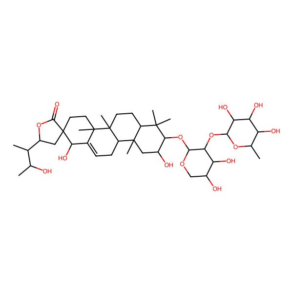 2D Structure of (1S,2R,4aS,4bR,5'R,6aR,8R,9R,10aR,10bR)-8-[(2S,3R,4S,5R)-4,5-dihydroxy-3-[(2S,3R,4R,5R,6S)-3,4,5-trihydroxy-6-methyloxan-2-yl]oxyoxan-2-yl]oxy-1,9-dihydroxy-5'-[(2S,3R)-3-hydroxybutan-2-yl]-4a,4b,7,7,10a-pentamethylspiro[3,4,5,6,6a,8,9,10,10b,11-decahydro-1H-chrysene-2,3'-oxolane]-2'-one