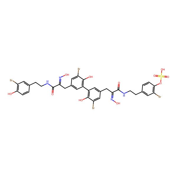 2D Structure of [2-bromo-4-[2-[[(2E)-3-[3-bromo-5-[3-bromo-5-[(2E)-3-[2-(3-bromo-4-hydroxyphenyl)ethylamino]-2-hydroxyimino-3-oxopropyl]-2-hydroxyphenyl]-4-hydroxyphenyl]-2-hydroxyiminopropanoyl]amino]ethyl]phenyl] hydrogen sulfate