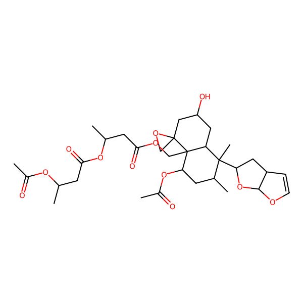 2D Structure of [4-[[8-(3a,4,5,6a-tetrahydrofuro[2,3-b]furan-5-yl)-5-acetyloxy-2-hydroxy-7,8-dimethylspiro[2,3,5,6,7,8a-hexahydro-1H-naphthalene-4,2'-oxirane]-4a-yl]methoxy]-4-oxobutan-2-yl] 3-acetyloxybutanoate