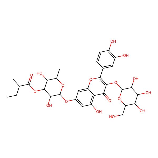2D Structure of [(2S,3R,4R,5S,6S)-2-[2-(3,4-dihydroxyphenyl)-5-hydroxy-4-oxo-3-[(2S,3R,4S,5S,6R)-3,4,5-trihydroxy-6-(hydroxymethyl)oxan-2-yl]oxychromen-7-yl]oxy-3,5-dihydroxy-6-methyloxan-4-yl] (2S)-2-methylbutanoate