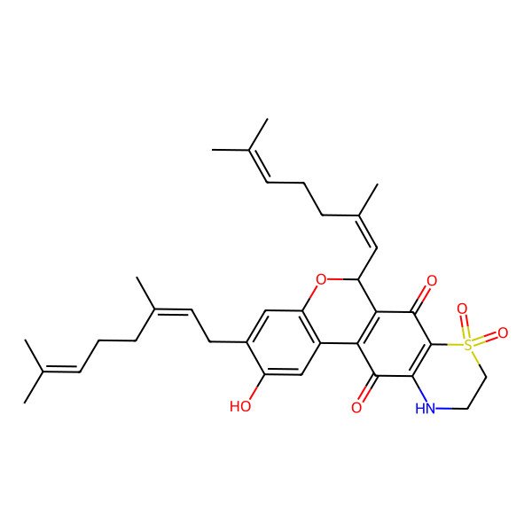 2D Structure of (6R)-6-[(1E)-2,6-dimethylhepta-1,5-dienyl]-3-[(2E)-3,7-dimethylocta-2,6-dienyl]-2-hydroxy-8,8-dioxo-6,9,10,11-tetrahydrochromeno[4,3-g][1,4]benzothiazine-7,12-dione