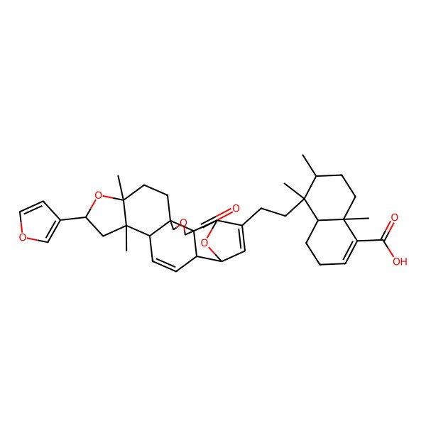 2D Structure of (4aR,5S,6R,8aR)-5-[2-[(1R,2R,6S,9R,11S,13R,14S,17S,18S)-11-(furan-3-yl)-9,13-dimethyl-3-oxo-4,10,21-trioxahexacyclo[16.2.1.02,6.02,17.06,14.09,13]henicosa-15,19-dien-20-yl]ethyl]-5,6,8a-trimethyl-3,4,4a,6,7,8-hexahydronaphthalene-1-carboxylic acid