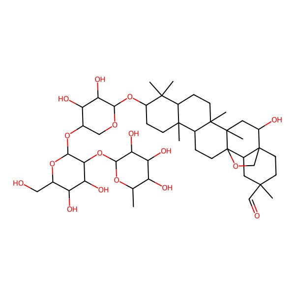 2D Structure of (1S,2R,4S,5R,8R,10S,13R,14R,17S,18R,20S)-10-[(2R,3S,4S,5R)-5-[(2S,3R,4S,5S,6R)-4,5-dihydroxy-6-(hydroxymethyl)-3-[(2S,3S,4S,5S,6R)-3,4,5-trihydroxy-6-methyloxan-2-yl]oxyoxan-2-yl]oxy-3,4-dihydroxyoxan-2-yl]oxy-2-hydroxy-4,5,9,9,13,20-hexamethyl-24-oxahexacyclo[15.5.2.01,18.04,17.05,14.08,13]tetracosane-20-carbaldehyde