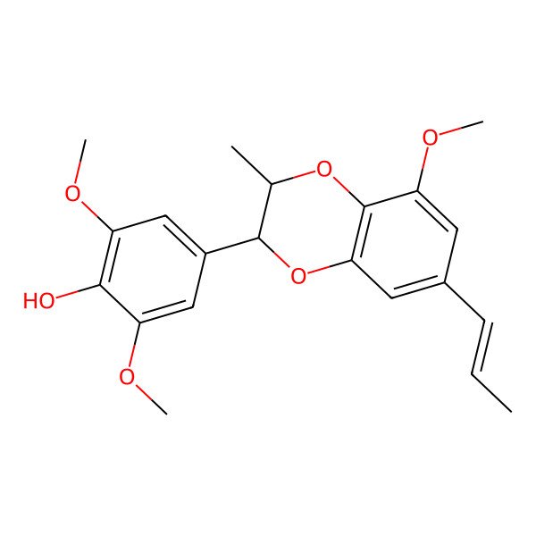 2D Structure of 2,6-dimethoxy-4-[(2R,3R)-5-methoxy-3-methyl-7-[(E)-prop-1-enyl]-2,3-dihydro-1,4-benzodioxin-2-yl]phenol
