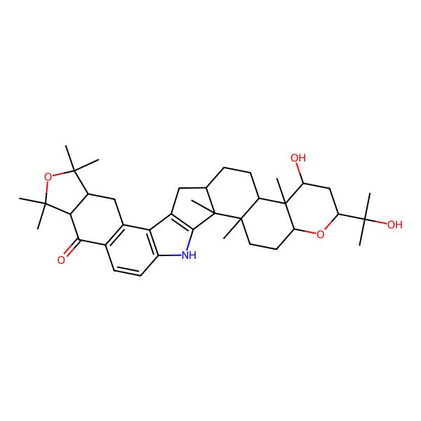 2D Structure of 10-Hydroxy-8-(2-hydroxypropan-2-yl)-2,3,11,22,22,24,24-heptamethyl-7,23-dioxa-31-azaoctacyclo[15.14.0.02,15.03,12.06,11.018,30.019,27.021,25]hentriaconta-1(17),18(30),19(27),28-tetraen-26-one