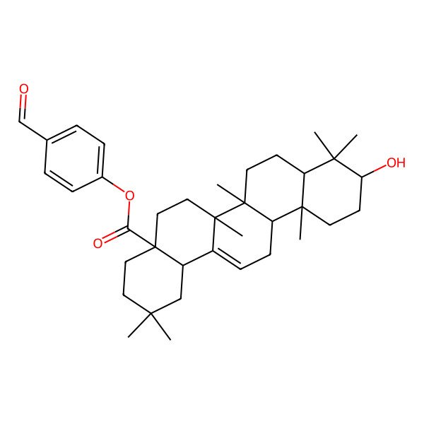 2D Structure of (4-Formylphenyl) 10-hydroxy-2,2,6a,6b,9,9,12a-heptamethyl-1,3,4,5,6,6a,7,8,8a,10,11,12,13,14b-tetradecahydropicene-4a-carboxylate