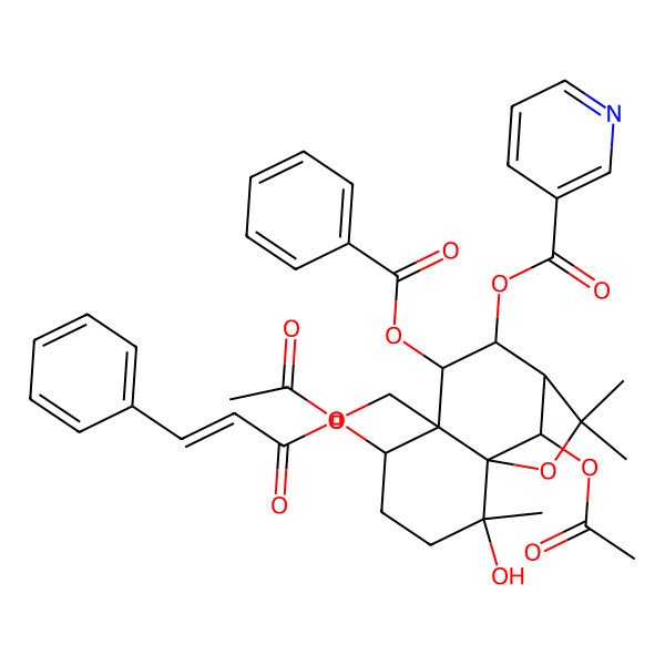 2D Structure of [(1R,2R,5R,6S,7S,8S,9S,12R)-12-acetyloxy-6-(acetyloxymethyl)-7-benzoyloxy-2-hydroxy-2,10,10-trimethyl-5-[(E)-3-phenylprop-2-enoyl]oxy-11-oxatricyclo[7.2.1.01,6]dodecan-8-yl] pyridine-3-carboxylate