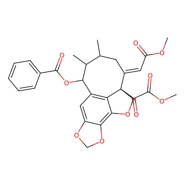 2D Structure of [(5Z)-4-(2-methoxy-2-oxoacetyl)-5-(2-methoxy-2-oxoethylidene)-7,8-dimethyl-2,13,15-trioxatetracyclo[8.6.1.04,17.012,16]heptadeca-1(17),10,12(16)-trien-9-yl] benzoate