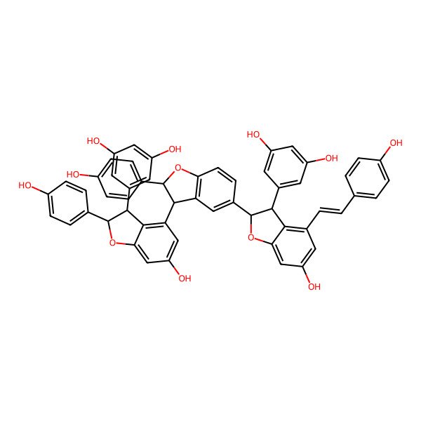 2D Structure of 5-[(2R,3R)-4-[(2S,3R)-5-[(2R,3R)-3-(3,5-dihydroxyphenyl)-6-hydroxy-4-[(E)-2-(4-hydroxyphenyl)ethenyl]-2,3-dihydro-1-benzofuran-2-yl]-2-(4-hydroxyphenyl)-2,3-dihydro-1-benzofuran-3-yl]-6-hydroxy-2-(4-hydroxyphenyl)-2,3-dihydro-1-benzofuran-3-yl]benzene-1,3-diol