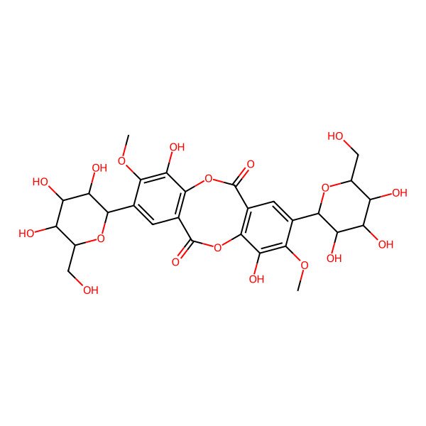 2D Structure of 4,10-dihydroxy-3,9-dimethoxy-2-[(2S,3R,4R,5S,6R)-3,4,5-trihydroxy-6-(hydroxymethyl)oxan-2-yl]-8-[(2S,4R,5S,6R)-3,4,5-trihydroxy-6-(hydroxymethyl)oxan-2-yl]benzo[c][1,5]benzodioxocine-6,12-dione