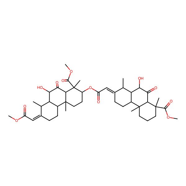 2D Structure of methyl (1R,2S,4aR,4bS,7E,8R,8aS,9R,10aR)-2-[(2E)-2-[(1R,4aS,4bR,8S,8aR,10R,10aS)-10-hydroxy-8-methoxycarbonyl-1,4b,8-trimethyl-9-oxo-1,3,4,4a,5,6,7,8a,10,10a-decahydrophenanthren-2-ylidene]acetyl]oxy-9-hydroxy-7-(2-methoxy-2-oxoethylidene)-1,4a,8-trimethyl-10-oxo-2,3,4,4b,5,6,8,8a,9,10a-decahydrophenanthrene-1-carboxylate