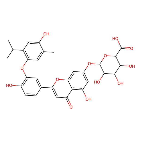 2D Structure of (2S,3S,4S,5R,6S)-3,4,5-trihydroxy-6-[5-hydroxy-2-[4-hydroxy-3-(4-hydroxy-5-methyl-2-propan-2-ylphenoxy)phenyl]-4-oxochromen-7-yl]oxyoxane-2-carboxylic acid
