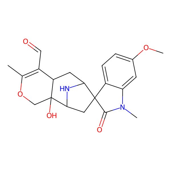2D Structure of 2-Hydroxy-6'-methoxy-1',5-dimethyl-2'-oxospiro[4-oxa-12-azatricyclo[7.2.1.02,7]dodec-5-ene-10,3'-indole]-6-carbaldehyde
