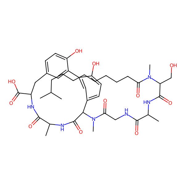 2D Structure of 3,18-Dihydroxy-14-[[2-[2-[[3-hydroxy-2-[methyl(10-methylundecanoyl)amino]propanoyl]amino]propanoylamino]acetyl]-methylamino]-11-methyl-10,13-dioxo-9,12-diazatricyclo[13.3.1.12,6]icosa-1(18),2,4,6(20),15(19),16-hexaene-8-carboxylic acid