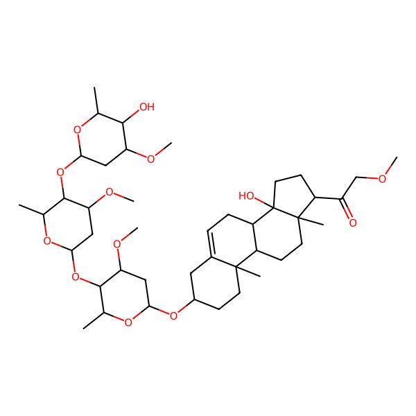 2D Structure of 1-[14-Hydroxy-3-[5-[5-(5-hydroxy-4-methoxy-6-methyloxan-2-yl)oxy-4-methoxy-6-methyloxan-2-yl]oxy-4-methoxy-6-methyloxan-2-yl]oxy-10,13-dimethyl-1,2,3,4,7,8,9,11,12,15,16,17-dodecahydrocyclopenta[a]phenanthren-17-yl]-2-methoxyethanone