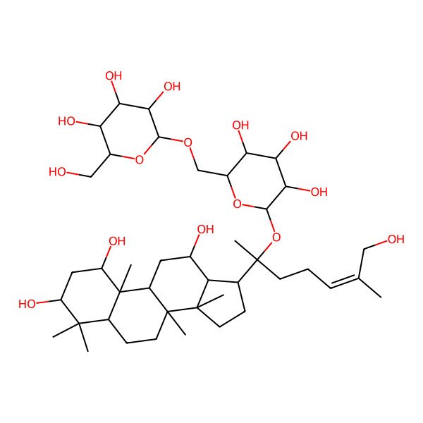 2D Structure of (2R,3S,4S,5R,6R)-2-(hydroxymethyl)-6-[[(2R,3S,4S,5R,6S)-3,4,5-trihydroxy-6-[(E)-7-hydroxy-6-methyl-2-(1,3,12-trihydroxy-4,4,8,10,14-pentamethyl-2,3,5,6,7,9,11,12,13,15,16,17-dodecahydro-1H-cyclopenta[a]phenanthren-17-yl)hept-5-en-2-yl]oxyoxan-2-yl]methoxy]oxane-3,4,5-triol