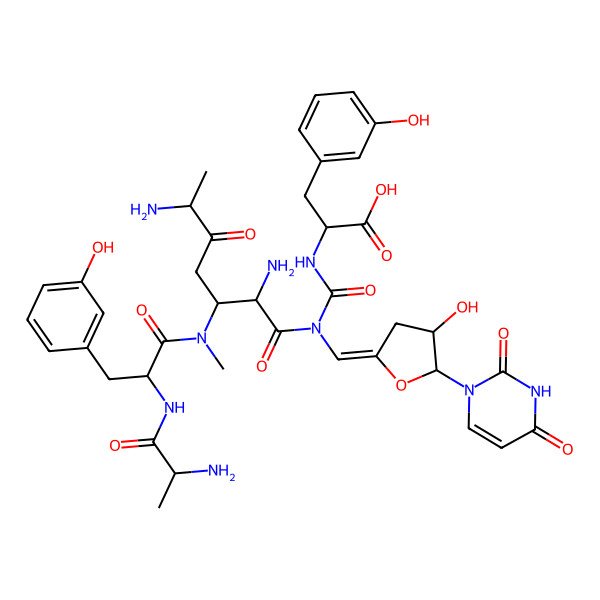 2D Structure of 2-[[[(6S)-2,6-diamino-3-[[(2S)-2-[[(2S)-2-aminopropanoyl]amino]-3-(3-hydroxyphenyl)propanoyl]-methylamino]-5-oxoheptanoyl]-[(E)-[5-(2,4-dioxopyrimidin-1-yl)-4-hydroxyoxolan-2-ylidene]methyl]carbamoyl]amino]-3-(3-hydroxyphenyl)propanoic acid