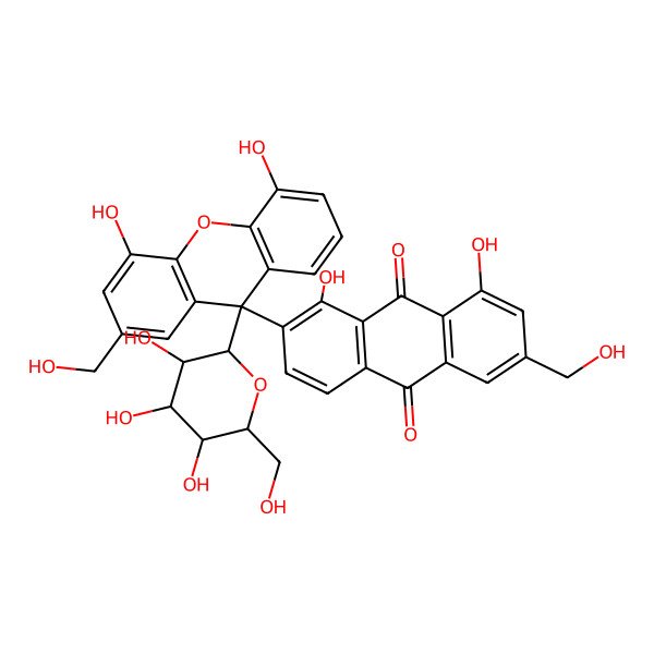 2D Structure of 2-[(9S)-4,5-dihydroxy-2-(hydroxymethyl)-9-[(2R,3S,4S,5R,6S)-3,4,5-trihydroxy-6-(hydroxymethyl)oxan-2-yl]xanthen-9-yl]-1,8-dihydroxy-6-(hydroxymethyl)anthracene-9,10-dione