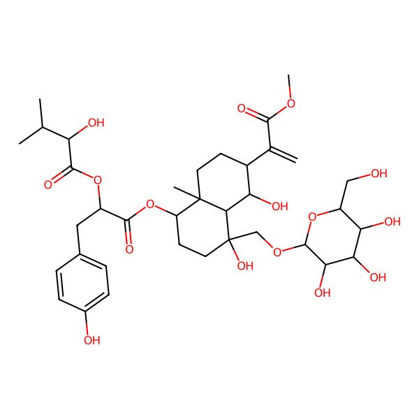 2D Structure of [(2S)-1-[[(1R,4S,4aS,5S,6S,8aR)-4,5-dihydroxy-6-(3-methoxy-3-oxoprop-1-en-2-yl)-8a-methyl-4-[[(2R,3R,4S,5S,6R)-3,4,5-trihydroxy-6-(hydroxymethyl)oxan-2-yl]oxymethyl]-1,2,3,4a,5,6,7,8-octahydronaphthalen-1-yl]oxy]-3-(4-hydroxyphenyl)-1-oxopropan-2-yl] (2R)-2-hydroxy-3-methylbutanoate