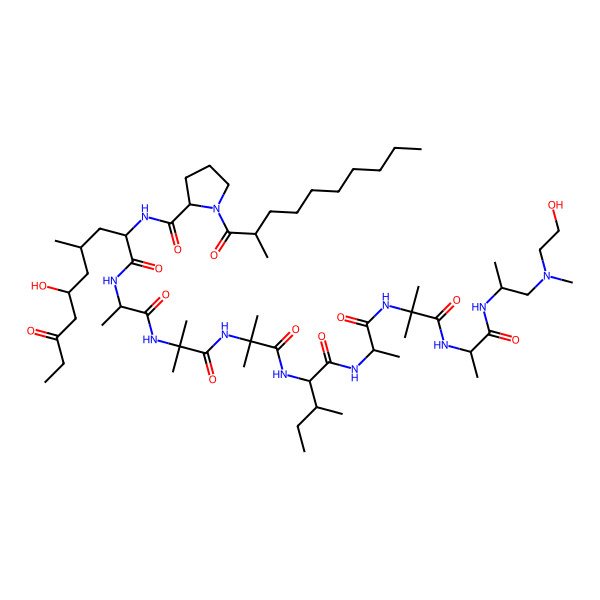 2D Structure of N-[6-hydroxy-1-[[1-[[1-[[1-[[1-[[1-[[1-[[1-[1-[2-hydroxyethyl(methyl)amino]propan-2-ylamino]-1-oxopropan-2-yl]amino]-2-methyl-1-oxopropan-2-yl]amino]-1-oxopropan-2-yl]amino]-3-methyl-1-oxopentan-2-yl]amino]-2-methyl-1-oxopropan-2-yl]amino]-2-methyl-1-oxopropan-2-yl]amino]-1-oxopropan-2-yl]amino]-4-methyl-1,8-dioxodecan-2-yl]-1-(2-methyldecanoyl)pyrrolidine-2-carboxamide