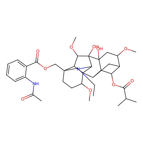 2D Structure of [(1S,2R,3R,4S,5R,6S,8R,9S,10S,13S,16S,17R,18S)-11-ethyl-8,9-dihydroxy-6,16,18-trimethoxy-4-(2-methylpropanoyloxy)-11-azahexacyclo[7.7.2.12,5.01,10.03,8.013,17]nonadecan-13-yl]methyl 2-acetamidobenzoate