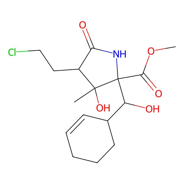 2D Structure of methyl (2R,3S,4R)-4-(2-chloroethyl)-2-[(S)-[(1S)-cyclohex-2-en-1-yl]-hydroxymethyl]-3-hydroxy-3-methyl-5-oxopyrrolidine-2-carboxylate