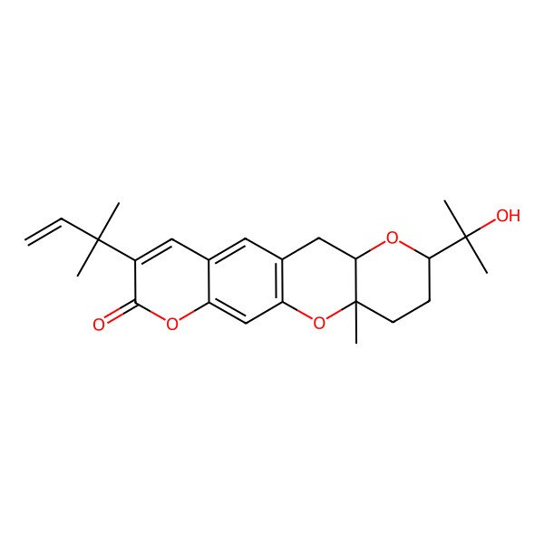 2D Structure of (3R,6R,8R)-6-(2-hydroxypropan-2-yl)-3-methyl-14-(2-methylbut-3-en-2-yl)-2,7,16-trioxatetracyclo[8.8.0.03,8.012,17]octadeca-1(10),11,13,17-tetraen-15-one