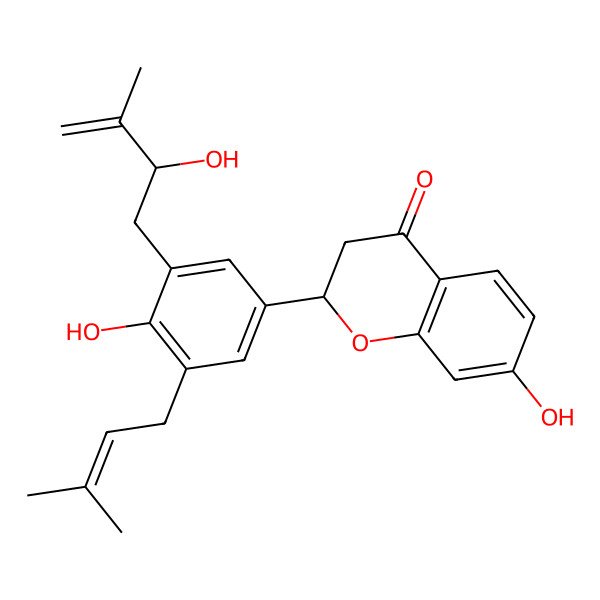 2D Structure of (2S)-7-hydroxy-2-[4-hydroxy-3-[(2R)-2-hydroxy-3-methylbut-3-enyl]-5-(3-methylbut-2-enyl)phenyl]-2,3-dihydrochromen-4-one