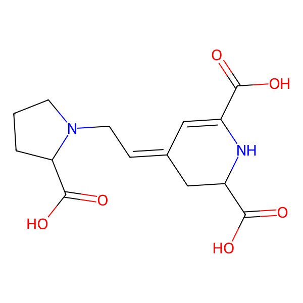 2D Structure of (2S,4E)-4-[2-[(2S)-2-carboxypyrrolidin-1-yl]ethylidene]-2,3-dihydro-1H-pyridine-2,6-dicarboxylic acid
