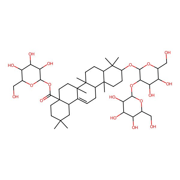 2D Structure of [(2S,3R,4S,5S,6R)-3,4,5-trihydroxy-6-(hydroxymethyl)oxan-2-yl] (4aS,6aR,6aS,6bR,8aR,10S,12aR,14bS)-10-[(2R,3R,4S,5S,6R)-4,5-dihydroxy-6-(hydroxymethyl)-3-[(2S,3R,4S,5S,6R)-3,4,5-trihydroxy-6-(hydroxymethyl)oxan-2-yl]oxyoxan-2-yl]oxy-2,2,6a,6b,9,9,12a-heptamethyl-1,3,4,5,6,6a,7,8,8a,10,11,12,13,14b-tetradecahydropicene-4a-carboxylate
