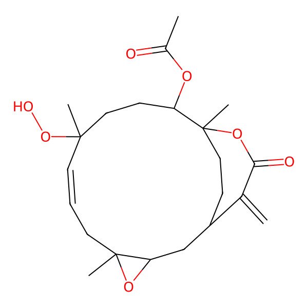 2D Structure of [(1R,3S,5S,7E,9R,12R,13R)-9-hydroperoxy-5,9,13-trimethyl-16-methylidene-15-oxo-4,14-dioxatricyclo[11.3.2.03,5]octadec-7-en-12-yl] acetate