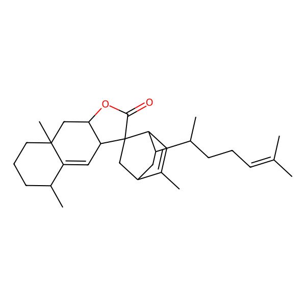 2D Structure of (1'R,3S,3aR,4'R,5S,8'S,8aR,9aR)-2',5,8a-trimethyl-8'-[(2S)-6-methylhept-5-en-2-yl]spiro[5,6,7,8,9,9a-hexahydro-3aH-benzo[f][1]benzofuran-3,5'-bicyclo[2.2.2]oct-2-ene]-2-one