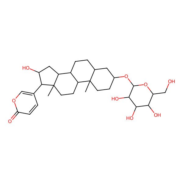 2D Structure of 5-[(3S,5R,8R,9S,10S,13S,14R,16S,17S)-16-hydroxy-10,13-dimethyl-3-[(2R,3R,4S,5R,6R)-3,4,5-trihydroxy-6-(hydroxymethyl)oxan-2-yl]oxy-2,3,4,5,6,7,8,9,11,12,14,15,16,17-tetradecahydro-1H-cyclopenta[a]phenanthren-17-yl]pyran-2-one