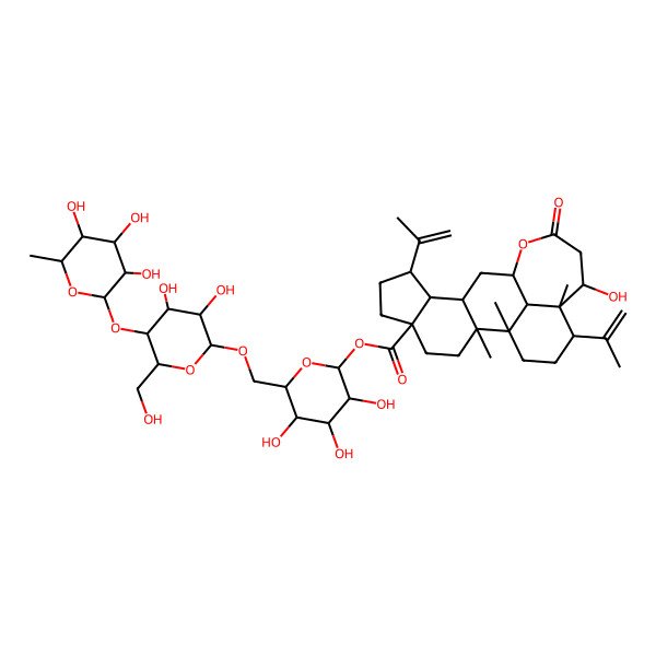 2D Structure of [(2S,3R,4S,5S,6R)-6-[[(2R,3R,4R,5S,6R)-3,4-dihydroxy-6-(hydroxymethyl)-5-[(2S,3R,4R,5R,6S)-3,4,5-trihydroxy-6-methyloxan-2-yl]oxyoxan-2-yl]oxymethyl]-3,4,5-trihydroxyoxan-2-yl] (1R,2R,5S,8R,10R,16R,17S,18S)-16-hydroxy-1,2,17-trimethyl-14-oxo-8,18-bis(prop-1-en-2-yl)-13-oxapentacyclo[10.8.1.02,10.05,9.017,21]henicosane-5-carboxylate