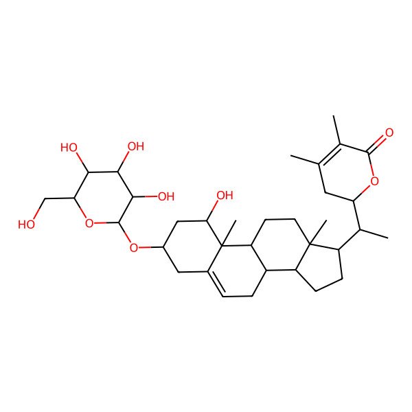 2D Structure of 2-[1-[1-hydroxy-10,13-dimethyl-3-[3,4,5-trihydroxy-6-(hydroxymethyl)oxan-2-yl]oxy-2,3,4,7,8,9,11,12,14,15,16,17-dodecahydro-1H-cyclopenta[a]phenanthren-17-yl]ethyl]-4,5-dimethyl-2,3-dihydropyran-6-one
