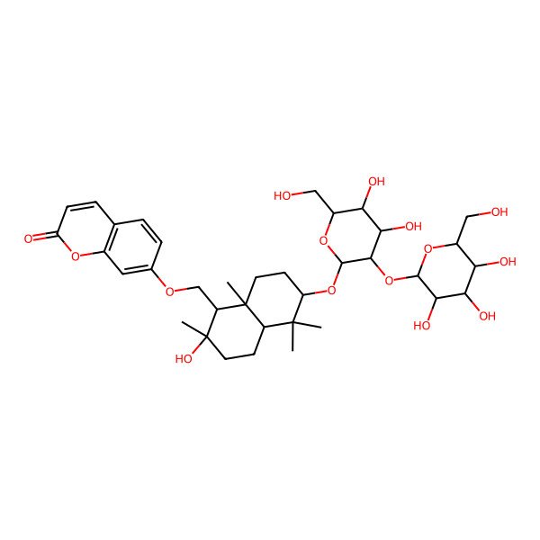 2D Structure of 7-[[6-[4,5-dihydroxy-6-(hydroxymethyl)-3-[3,4,5-trihydroxy-6-(hydroxymethyl)oxan-2-yl]oxyoxan-2-yl]oxy-2-hydroxy-2,5,5,8a-tetramethyl-3,4,4a,6,7,8-hexahydro-1H-naphthalen-1-yl]methoxy]chromen-2-one