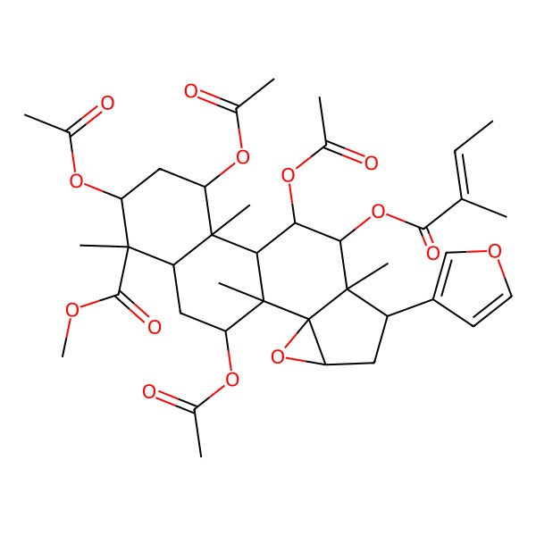 2D Structure of methyl (1S,2S,4R,6S,7R,8R,9R,10R,11S,12S,14R,15S,16R,18R)-9,12,14,18-tetraacetyloxy-6-(furan-3-yl)-1,7,11,15-tetramethyl-8-[(E)-2-methylbut-2-enoyl]oxy-3-oxapentacyclo[8.8.0.02,4.02,7.011,16]octadecane-15-carboxylate