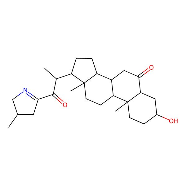 2D Structure of (3S,5S,8S,9S,10R,13S,14S,17R)-3-hydroxy-10,13-dimethyl-17-[(2R)-1-[(3R)-3-methyl-3,4-dihydro-2H-pyrrol-5-yl]-1-oxopropan-2-yl]-1,2,3,4,5,7,8,9,11,12,14,15,16,17-tetradecahydrocyclopenta[a]phenanthren-6-one