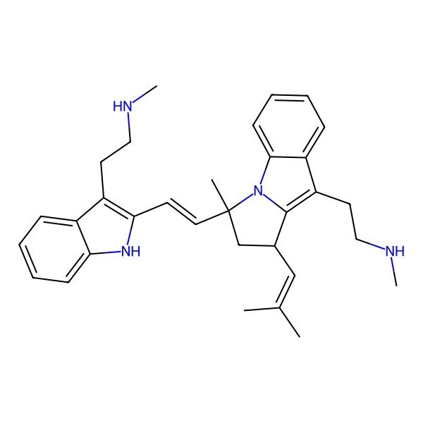 2D Structure of N-methyl-2-[2-[(E)-2-[(1S,3S)-1-methyl-4-[2-(methylamino)ethyl]-3-(2-methylprop-1-enyl)-2,3-dihydropyrrolo[1,2-a]indol-1-yl]ethenyl]-1H-indol-3-yl]ethanamine