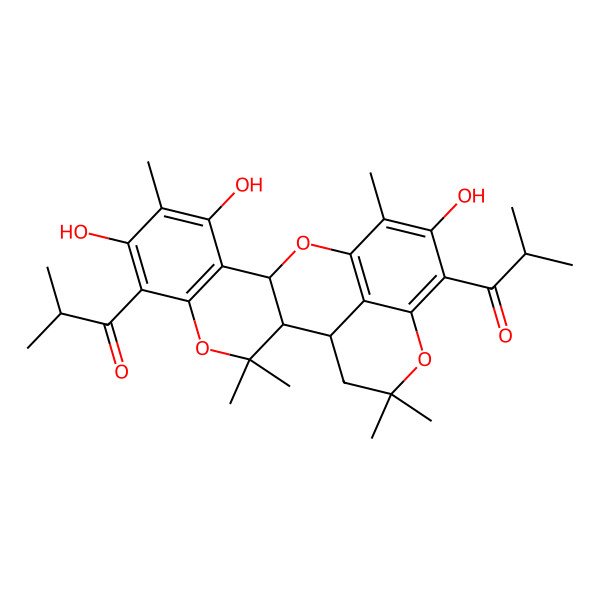2D Structure of 2-Methyl-1-[7,9,15-trihydroxy-3,3,8,14,19,19-hexamethyl-16-(2-methylpropanoyl)-4,12,18-trioxapentacyclo[11.7.1.02,11.05,10.017,21]henicosa-5(10),6,8,13(21),14,16-hexaen-6-yl]propan-1-one
