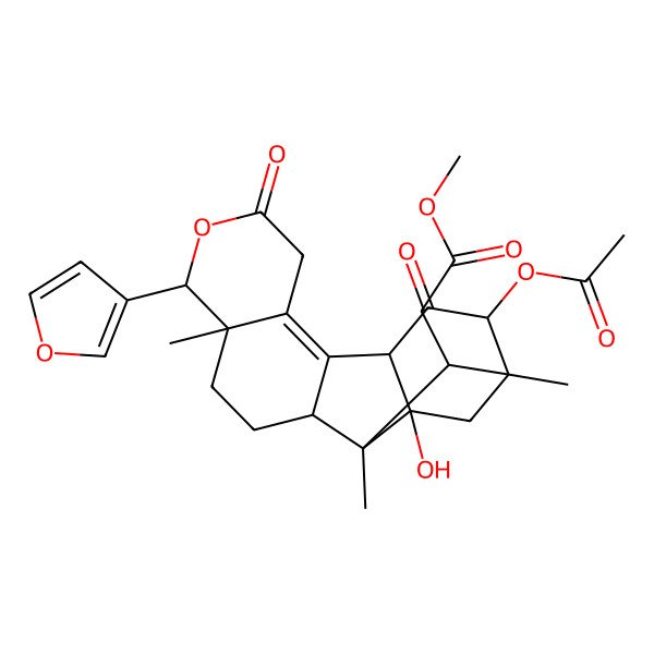 2D Structure of methyl 2-[(1R,2S,5R,6R,12R,14S,15R,17S,18S)-14-acetyloxy-6-(furan-3-yl)-17-hydroxy-1,5,15-trimethyl-8,13-dioxo-7-oxapentacyclo[13.2.1.02,11.05,10.012,17]octadec-10-en-18-yl]acetate