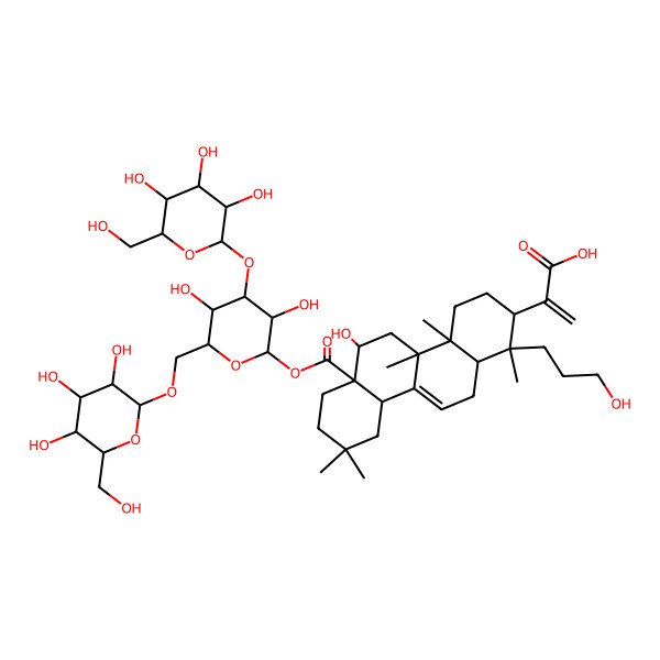 2D Structure of 2-[(1R,2R,4aR,4bS,6R,6aR,10aS,12aR)-6a-[(2S,3R,4S,5R,6R)-3,5-dihydroxy-4-[(2R,3R,4S,5S,6R)-3,4,5-trihydroxy-6-(hydroxymethyl)oxan-2-yl]oxy-6-[[(2R,3R,4S,5S,6R)-3,4,5-trihydroxy-6-(hydroxymethyl)oxan-2-yl]oxymethyl]oxan-2-yl]oxycarbonyl-6-hydroxy-1-(3-hydroxypropyl)-1,4a,4b,9,9-pentamethyl-3,4,5,6,7,8,10,10a,12,12a-decahydro-2H-chrysen-2-yl]prop-2-enoic acid