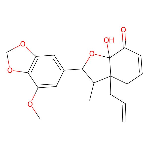 2D Structure of (2S,3S,3aR,7aS)-7a-hydroxy-2-(7-methoxy-1,3-benzodioxol-5-yl)-3-methyl-3a-prop-2-enyl-3,4-dihydro-2H-1-benzofuran-7-one