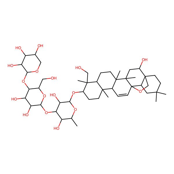 2D Structure of (2S,3S,4S,5S)-2-[(2S,3S,4S,5S,6R)-6-[(2R,3R,4R,5S,6R)-3,5-dihydroxy-2-[[(1R,2R,4R,5S,8R,9R,10R,13R,14S,17R,18R)-2-hydroxy-9-(hydroxymethyl)-4,5,9,13,20,20-hexamethyl-24-oxahexacyclo[15.5.2.01,18.04,17.05,14.08,13]tetracos-15-en-10-yl]oxy]-6-methyloxan-4-yl]oxy-4,5-dihydroxy-2-(hydroxymethyl)oxan-3-yl]oxyoxane-3,4,5-triol