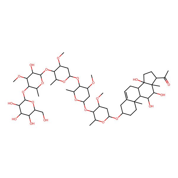 2D Structure of 1-[(3S,8R,9S,10R,11S,12S,13S,14S,17S)-11,12,14-trihydroxy-3-[(2R,4S,5R,6R)-5-[(2S,4S,5R,6R)-5-[(2S,4R,5R,6R)-5-[(2S,3R,4S,5R,6R)-3-hydroxy-4-methoxy-6-methyl-5-[(2S,3R,4S,5S,6R)-3,4,5-trihydroxy-6-(hydroxymethyl)oxan-2-yl]oxyoxan-2-yl]oxy-4-methoxy-6-methyloxan-2-yl]oxy-4-methoxy-6-methyloxan-2-yl]oxy-4-methoxy-6-methyloxan-2-yl]oxy-10,13-dimethyl-1,2,3,4,7,8,9,11,12,15,16,17-dodecahydrocyclopenta[a]phenanthren-17-yl]ethanone