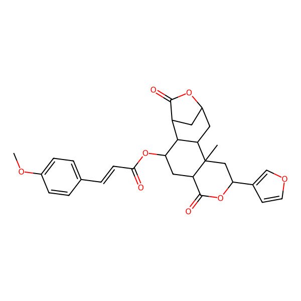 2D Structure of [8-(Furan-3-yl)-10-methyl-6,15-dioxo-7,14-dioxatetracyclo[11.2.1.02,11.05,10]hexadecan-3-yl] 3-(4-methoxyphenyl)prop-2-enoate