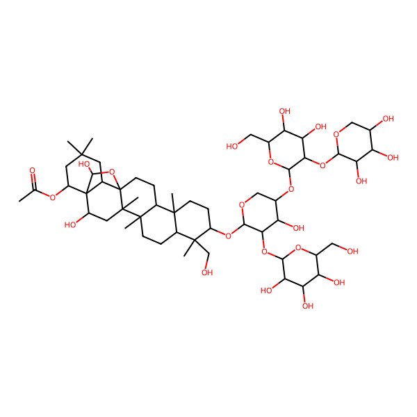 2D Structure of [10-[5-[4,5-Dihydroxy-6-(hydroxymethyl)-3-(3,4,5-trihydroxyoxan-2-yl)oxyoxan-2-yl]oxy-4-hydroxy-3-[3,4,5-trihydroxy-6-(hydroxymethyl)oxan-2-yl]oxyoxan-2-yl]oxy-2,23-dihydroxy-9-(hydroxymethyl)-4,5,9,13,20,20-hexamethyl-24-oxahexacyclo[15.5.2.01,18.04,17.05,14.08,13]tetracosan-22-yl] acetate