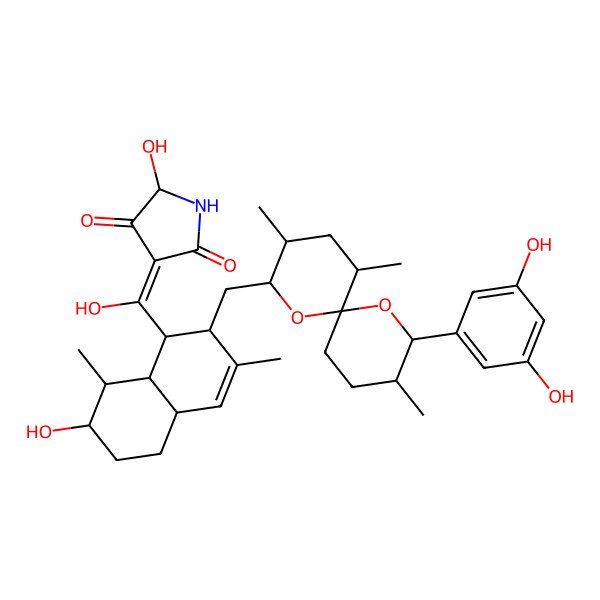 2D Structure of 3-[[2-[[2-(3,5-Dihydroxyphenyl)-3,9,11-trimethyl-1,7-dioxaspiro[5.5]undecan-8-yl]methyl]-7-hydroxy-3,8-dimethyl-1,2,4a,5,6,7,8,8a-octahydronaphthalen-1-yl]-hydroxymethylidene]-5-hydroxypyrrolidine-2,4-dione